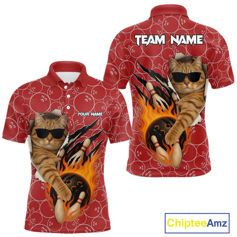 Custom Funny Cat Bowling Shirts For Men, Red Camo Flame Cool Bowling Uniform For Team Bowlers NYN4297