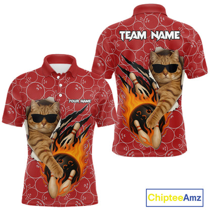 Custom Funny Cat Bowling Shirts For Men, Red Camo Flame Cool Bowling Uniform For Team Bowlers NYN4297