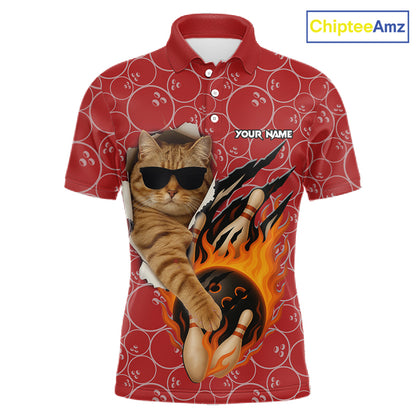 Custom Funny Cat Bowling Shirts For Men, Red Camo Flame Cool Bowling Uniform For Team Bowlers NYN4297