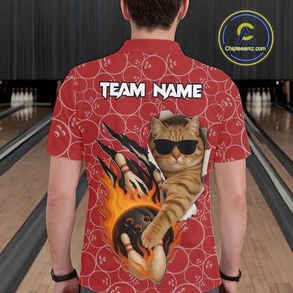 Custom Funny Cat Bowling Shirts For Men, Red Camo Flame Cool Bowling Uniform For Team Bowlers NYN4297