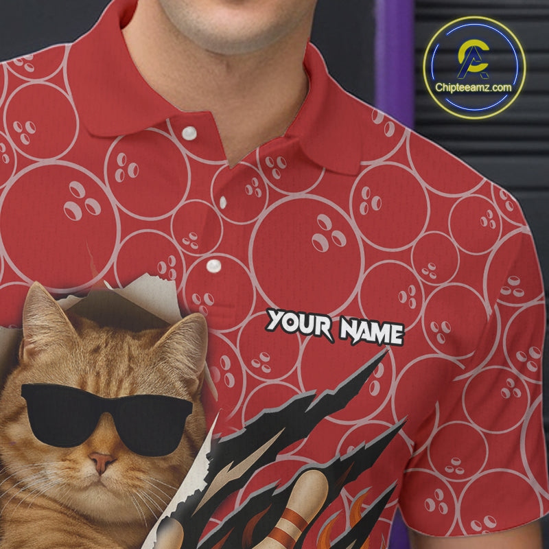 Custom Funny Cat Bowling Shirts For Men, Red Camo Flame Cool Bowling Uniform For Team Bowlers NYN4297