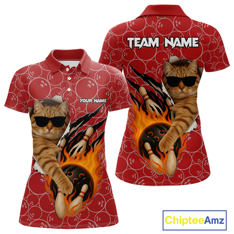 Custom Funny Cat Bowling Shirts For Women, Red Camo Flame Cool Bowling Uniform For Team Bowlers NYN4297