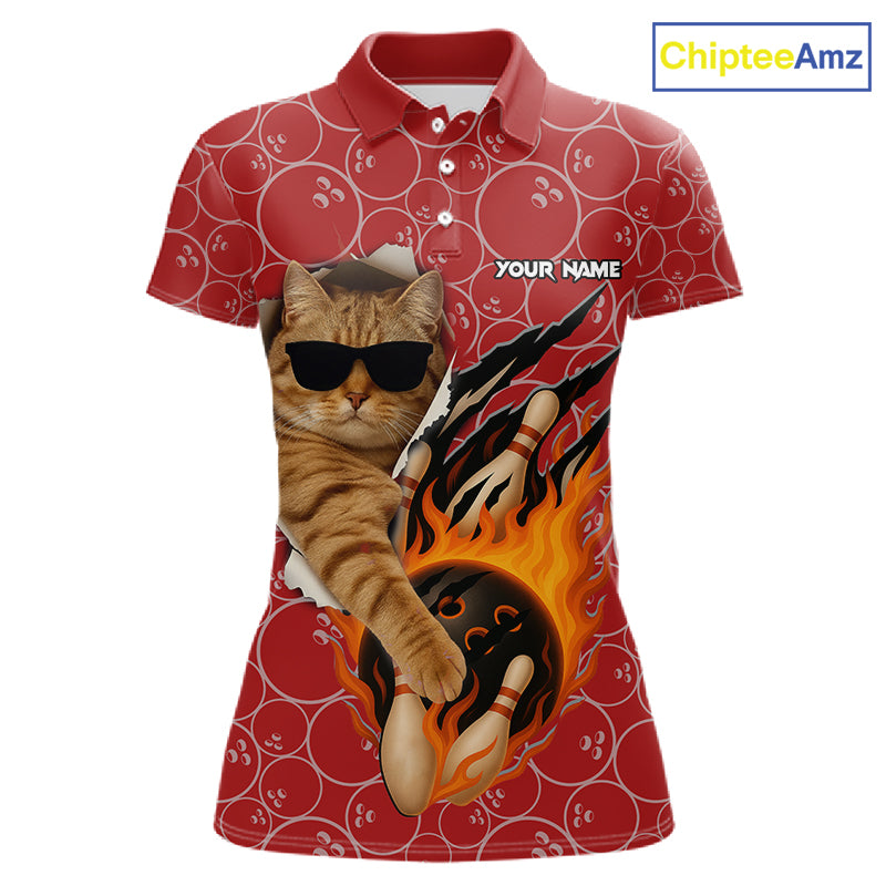 Custom Funny Cat Bowling Shirts For Women, Red Camo Flame Cool Bowling Uniform For Team Bowlers NYN4297