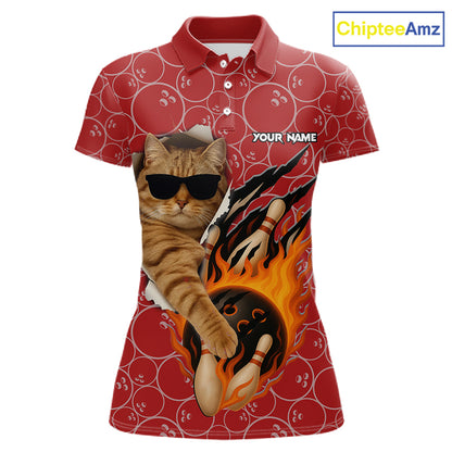 Custom Funny Cat Bowling Shirts For Women, Red Camo Flame Cool Bowling Uniform For Team Bowlers NYN4297