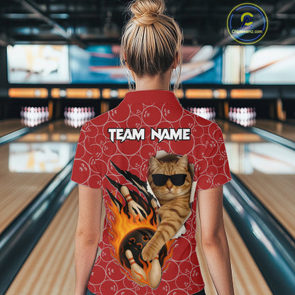 Custom Funny Cat Bowling Shirts For Women, Red Camo Flame Cool Bowling Uniform For Team Bowlers NYN4297