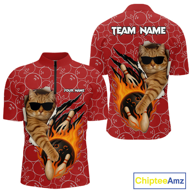 Custom Funny Cat Bowling Shirts For Men, Red Camo Flame Cool Bowling Uniform For Team Bowlers NYN4297