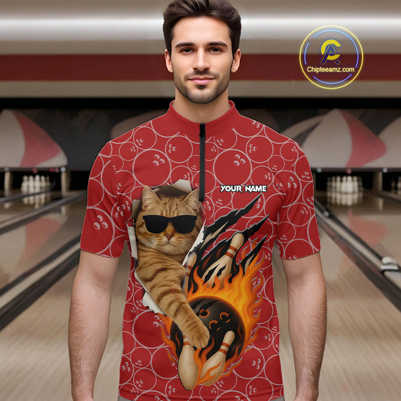 Custom Funny Cat Bowling Shirts For Men, Red Camo Flame Cool Bowling Uniform For Team Bowlers NYN4297