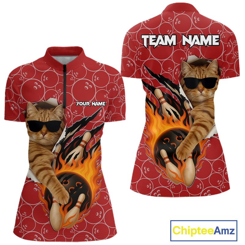 Custom Funny Cat Bowling Shirts For Women, Red Camo Flame Cool Bowling Uniform For Team Bowlers NYN4297