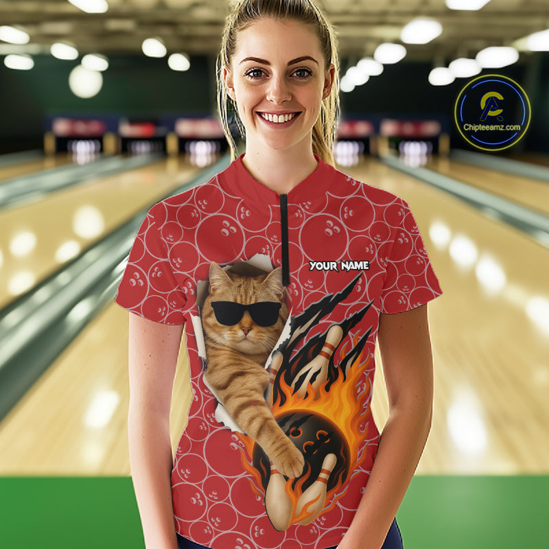 Custom Funny Cat Bowling Shirts For Women, Red Camo Flame Cool Bowling Uniform For Team Bowlers NYN4297