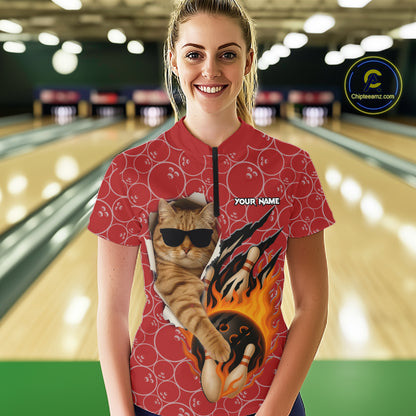 Custom Funny Cat Bowling Shirts For Women, Red Camo Flame Cool Bowling Uniform For Team Bowlers NYN4297
