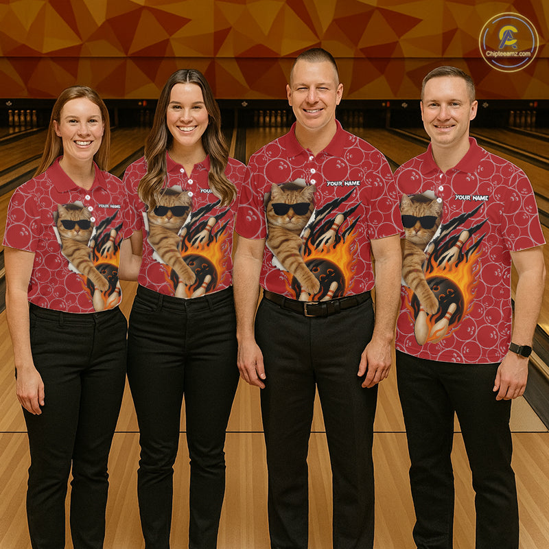 Custom Funny Cat Bowling Shirts For Women, Red Camo Flame Cool Bowling Uniform For Team Bowlers NYN4297