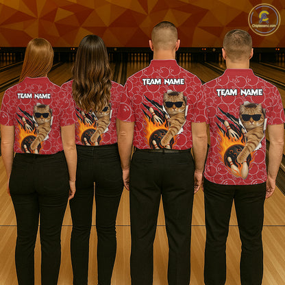 Custom Funny Cat Bowling Shirts For Women, Red Camo Flame Cool Bowling Uniform For Team Bowlers NYN4297