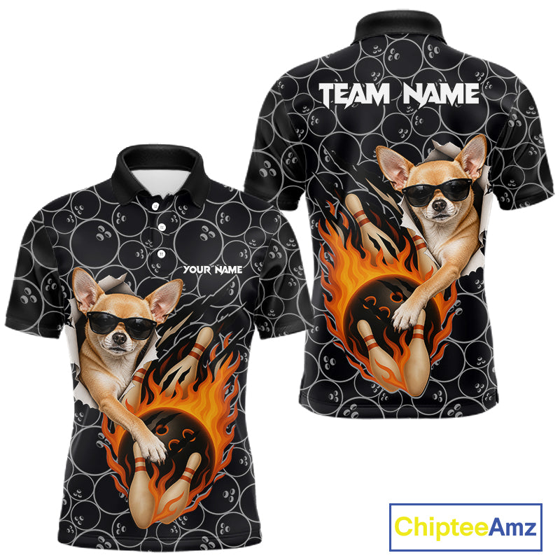 Custom Funny Chihuahua Dog Bowling Shirts For Men, Black Camo Flame Cool Bowling Uniform For Team Bowlers NYN4298
