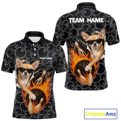 Custom Funny Chihuahua Dog Bowling Shirts For Men, Black Camo Flame Cool Bowling Uniform For Team Bowlers NYN4298