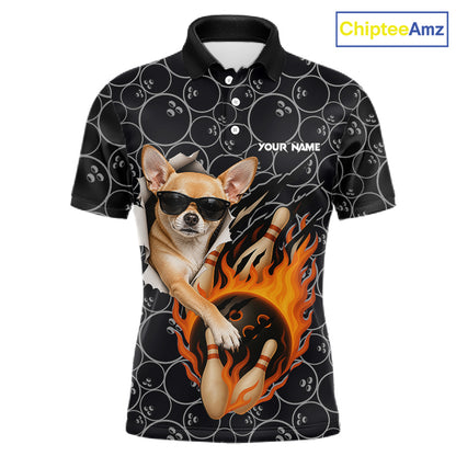 Custom Funny Chihuahua Dog Bowling Shirts For Men, Black Camo Flame Cool Bowling Uniform For Team Bowlers NYN4298
