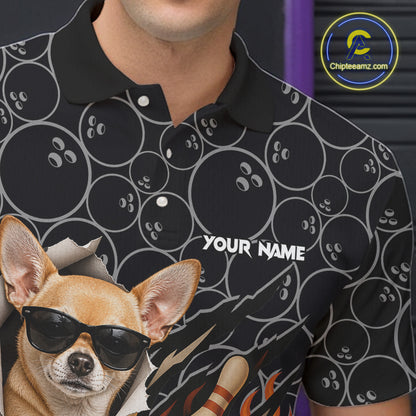 Custom Funny Chihuahua Dog Bowling Shirts For Men, Black Camo Flame Cool Bowling Uniform For Team Bowlers NYN4298
