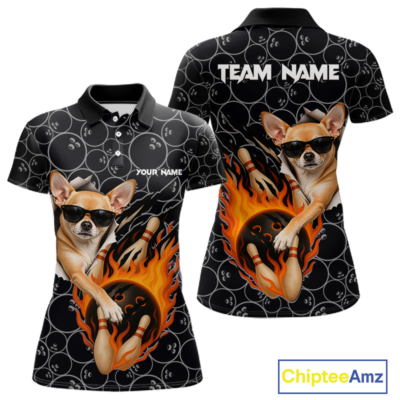 Custom Funny Chihuahua Dog Bowling Shirts For Women, Black Camo Flame Cool Bowling Uniform For Team Bowlers NYN4298