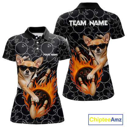 Custom Funny Chihuahua Dog Bowling Shirts For Women, Black Camo Flame Cool Bowling Uniform For Team Bowlers NYN4298