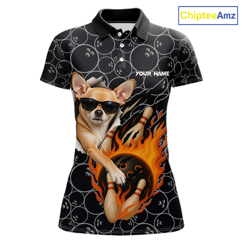 Custom Funny Chihuahua Dog Bowling Shirts For Women, Black Camo Flame Cool Bowling Uniform For Team Bowlers NYN4298