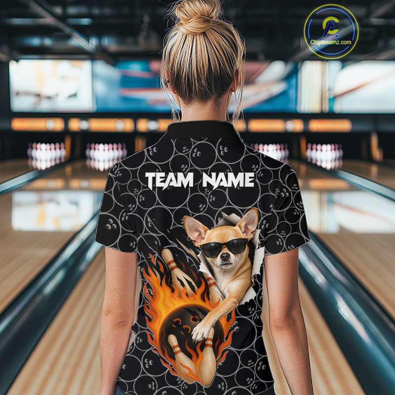 Custom Funny Chihuahua Dog Bowling Shirts For Women, Black Camo Flame Cool Bowling Uniform For Team Bowlers NYN4298