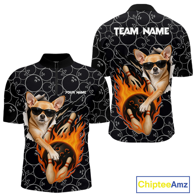 Custom Funny Chihuahua Dog Bowling Shirts For Men, Black Camo Flame Cool Bowling Uniform For Team Bowlers NYN4298