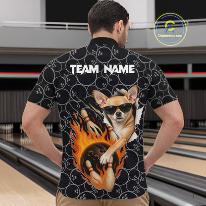 Custom Funny Chihuahua Dog Bowling Shirts For Men, Black Camo Flame Cool Bowling Uniform For Team Bowlers NYN4298