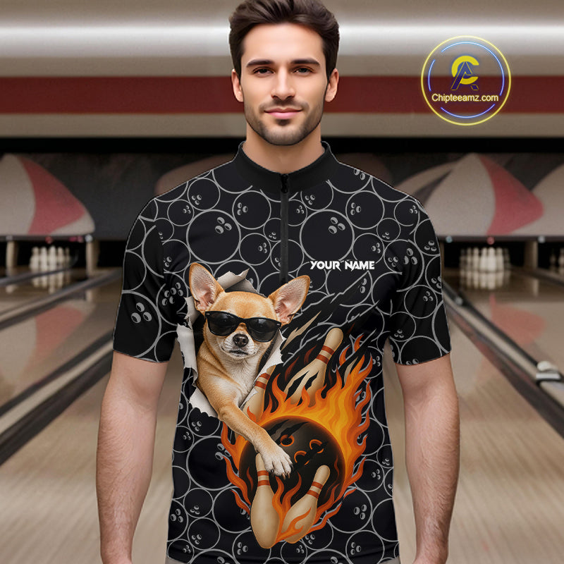 Custom Funny Chihuahua Dog Bowling Shirts For Men, Black Camo Flame Cool Bowling Uniform For Team Bowlers NYN4298