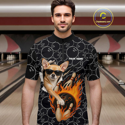 Custom Funny Chihuahua Dog Bowling Shirts For Men, Black Camo Flame Cool Bowling Uniform For Team Bowlers NYN4298