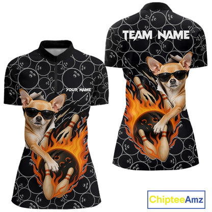 Custom Funny Chihuahua Dog Bowling Shirts For Women, Black Camo Flame Cool Bowling Uniform For Team Bowlers NYN4298