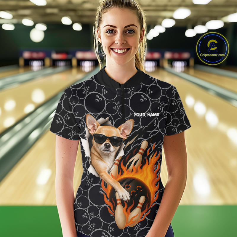 Custom Funny Chihuahua Dog Bowling Shirts For Women, Black Camo Flame Cool Bowling Uniform For Team Bowlers NYN4298