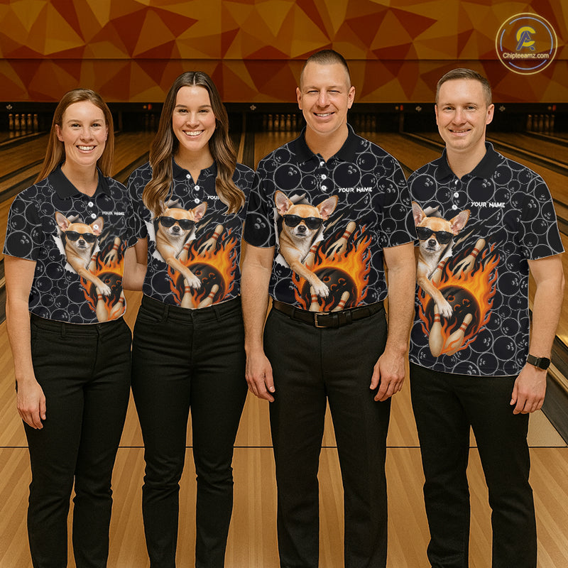Custom Funny Chihuahua Dog Bowling Shirts For Men, Black Camo Flame Cool Bowling Uniform For Team Bowlers NYN4298