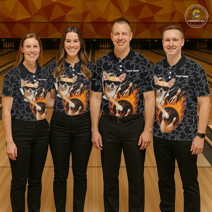 Custom Funny Chihuahua Dog Bowling Shirts For Men, Black Camo Flame Cool Bowling Uniform For Team Bowlers NYN4298