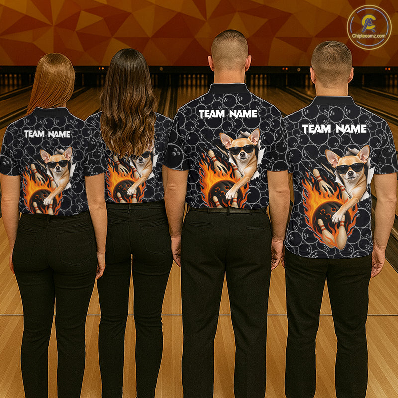 Custom Funny Chihuahua Dog Bowling Shirts For Men, Black Camo Flame Cool Bowling Uniform For Team Bowlers NYN4298