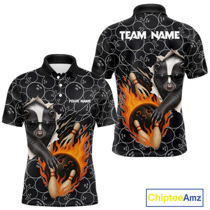 Custom Funny Skunk Bowling Shirts For Men, Black Camo Flame Cool Bowling Uniform For Team Bowlers NYN4299