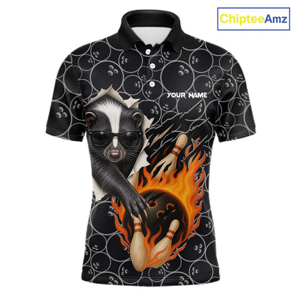 Custom Funny Skunk Bowling Shirts For Men, Black Camo Flame Cool Bowling Uniform For Team Bowlers NYN4299