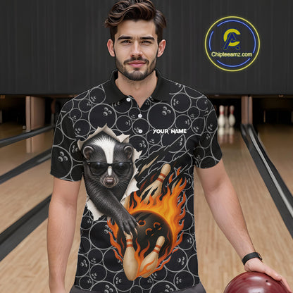 Custom Funny Skunk Bowling Shirts For Men, Black Camo Flame Cool Bowling Uniform For Team Bowlers NYN4299