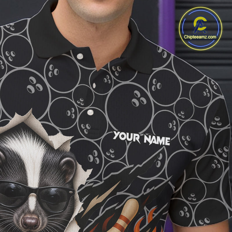 Custom Funny Skunk Bowling Shirts For Men, Black Camo Flame Cool Bowling Uniform For Team Bowlers NYN4299
