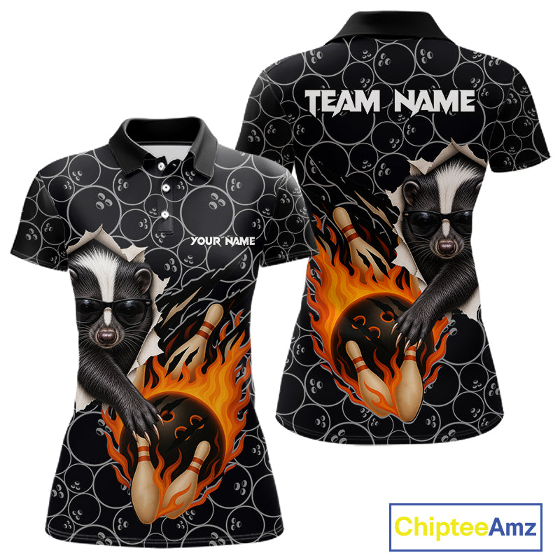 Custom Funny Skunk Bowling Shirts For Women, Black Camo Flame Cool Bowling Uniform For Team Bowlers NYN4299