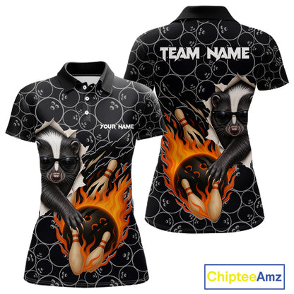 Custom Funny Skunk Bowling Shirts For Women, Black Camo Flame Cool Bowling Uniform For Team Bowlers NYN4299