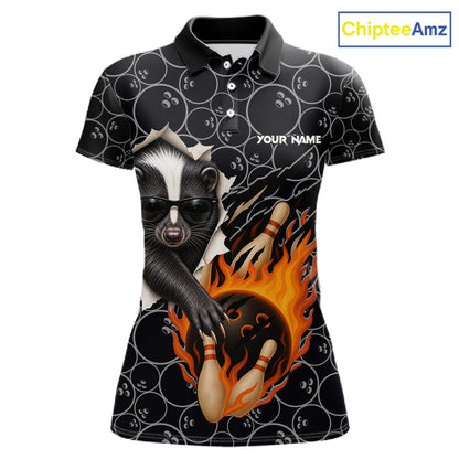 Custom Funny Skunk Bowling Shirts For Women, Black Camo Flame Cool Bowling Uniform For Team Bowlers NYN4299