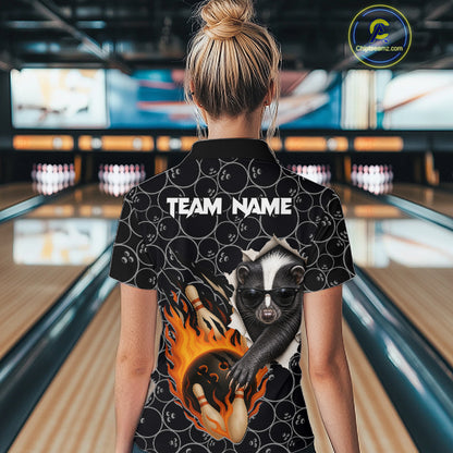 Custom Funny Skunk Bowling Shirts For Women, Black Camo Flame Cool Bowling Uniform For Team Bowlers NYN4299