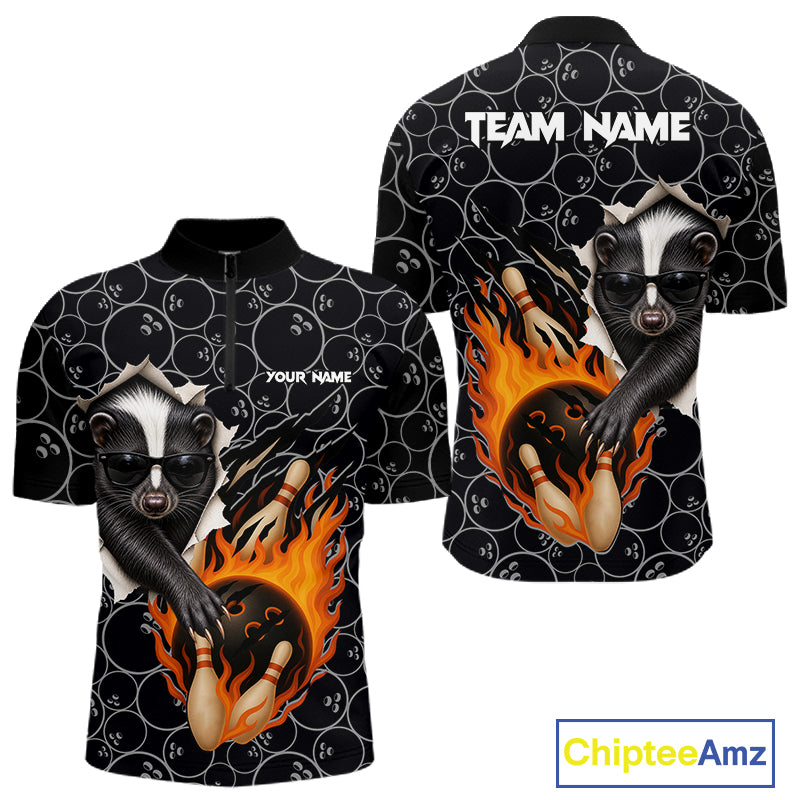 Custom Funny Skunk Bowling Shirts For Men, Black Camo Flame Cool Bowling Uniform For Team Bowlers NYN4299