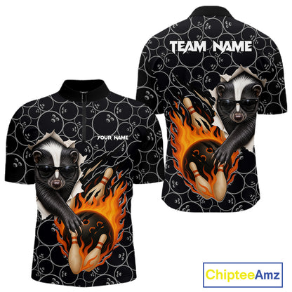 Custom Funny Skunk Bowling Shirts For Men, Black Camo Flame Cool Bowling Uniform For Team Bowlers NYN4299