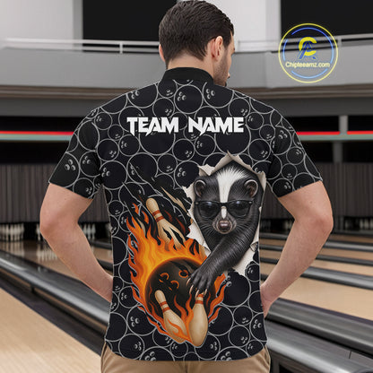 Custom Funny Skunk Bowling Shirts For Men, Black Camo Flame Cool Bowling Uniform For Team Bowlers NYN4299