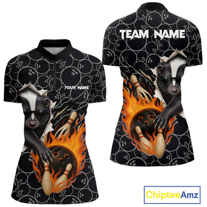 Custom Funny Skunk Bowling Shirts For Women, Black Camo Flame Cool Bowling Uniform For Team Bowlers NYN4299