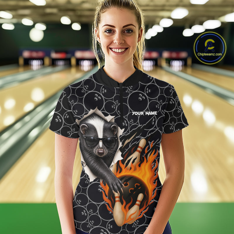 Custom Funny Skunk Bowling Shirts For Women, Black Camo Flame Cool Bowling Uniform For Team Bowlers NYN4299