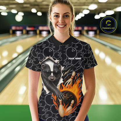 Custom Funny Skunk Bowling Shirts For Women, Black Camo Flame Cool Bowling Uniform For Team Bowlers NYN4299