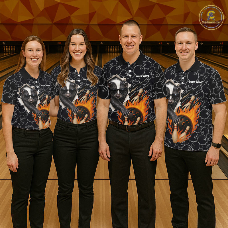 Custom Funny Skunk Bowling Shirts For Men, Black Camo Flame Cool Bowling Uniform For Team Bowlers NYN4299