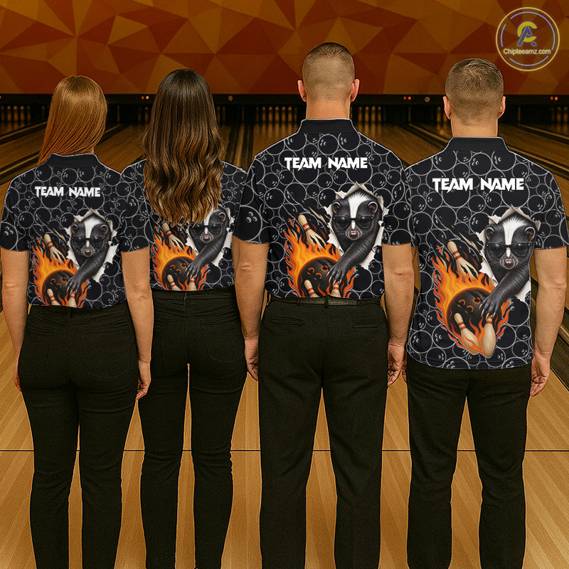 Custom Funny Skunk Bowling Shirts For Men, Black Camo Flame Cool Bowling Uniform For Team Bowlers NYN4299