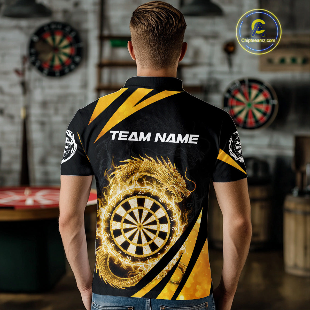 Gold Flames Dragon Dartboard Men Darts Polo Shirt Custom Dragon Team Dart League Shirt NYN2068